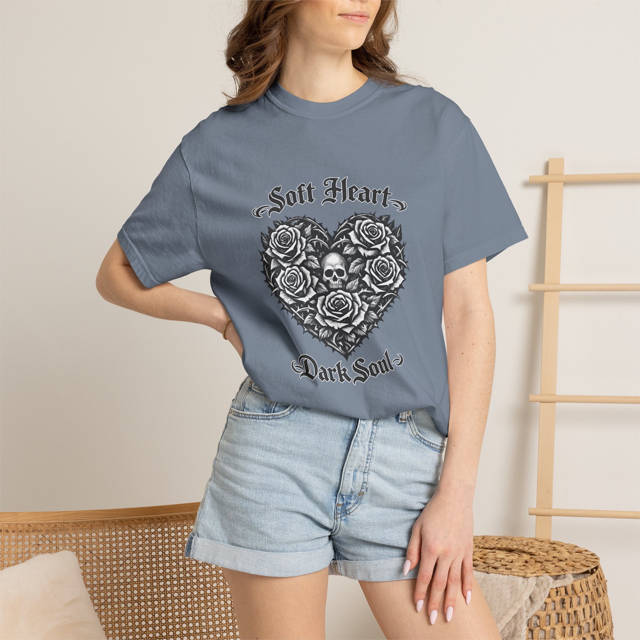 Soft Heart Dark Soul T-Shirt — Gothic Rose Skull Graphic Tee