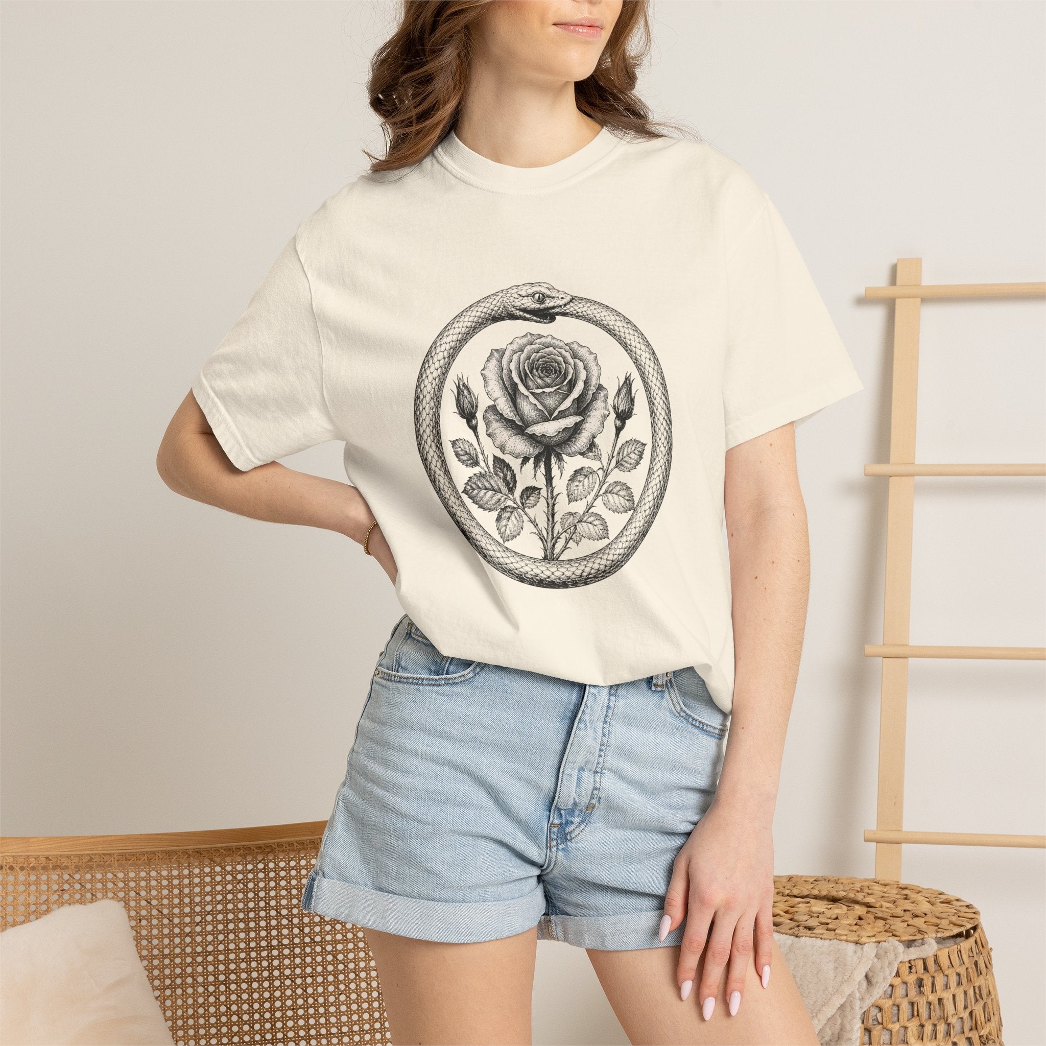 Rose in Ouroboros Snake Circle T-shirt | Botanical Vintage Line Art