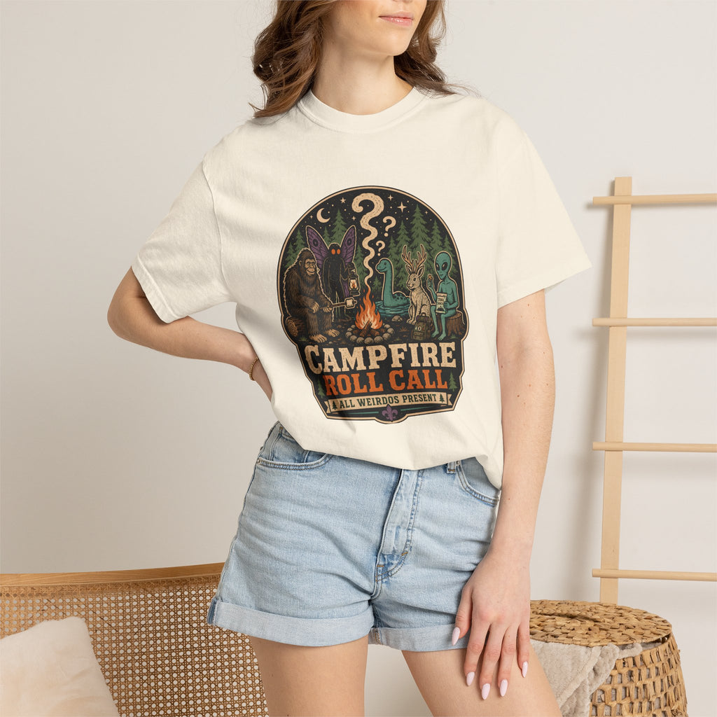 Campfire Cryptid Roll Call T-Shirt — Vintage Camping Patch Graphic