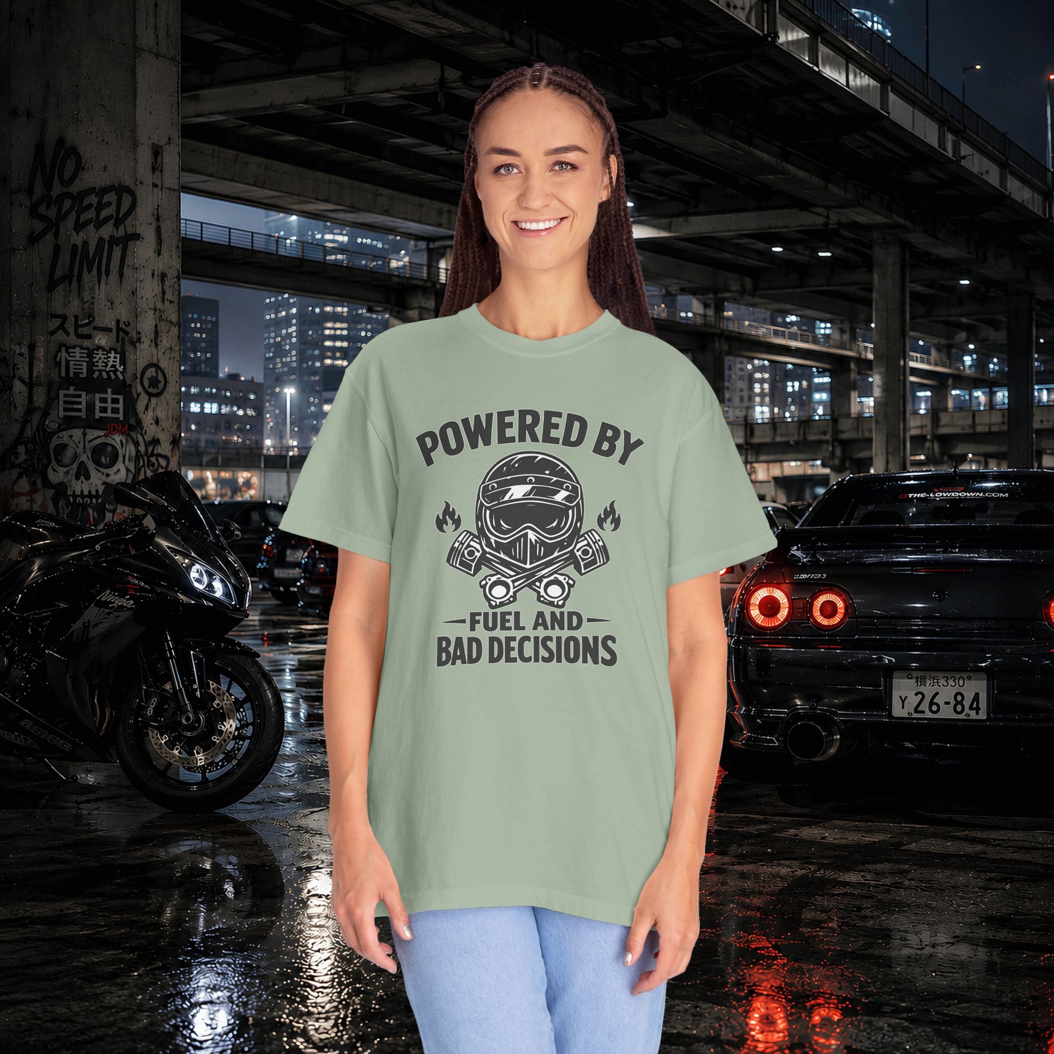 Powered By Fuel And Bad Decisions T-Shirt — Motorcycle Helmet Graphic Tee