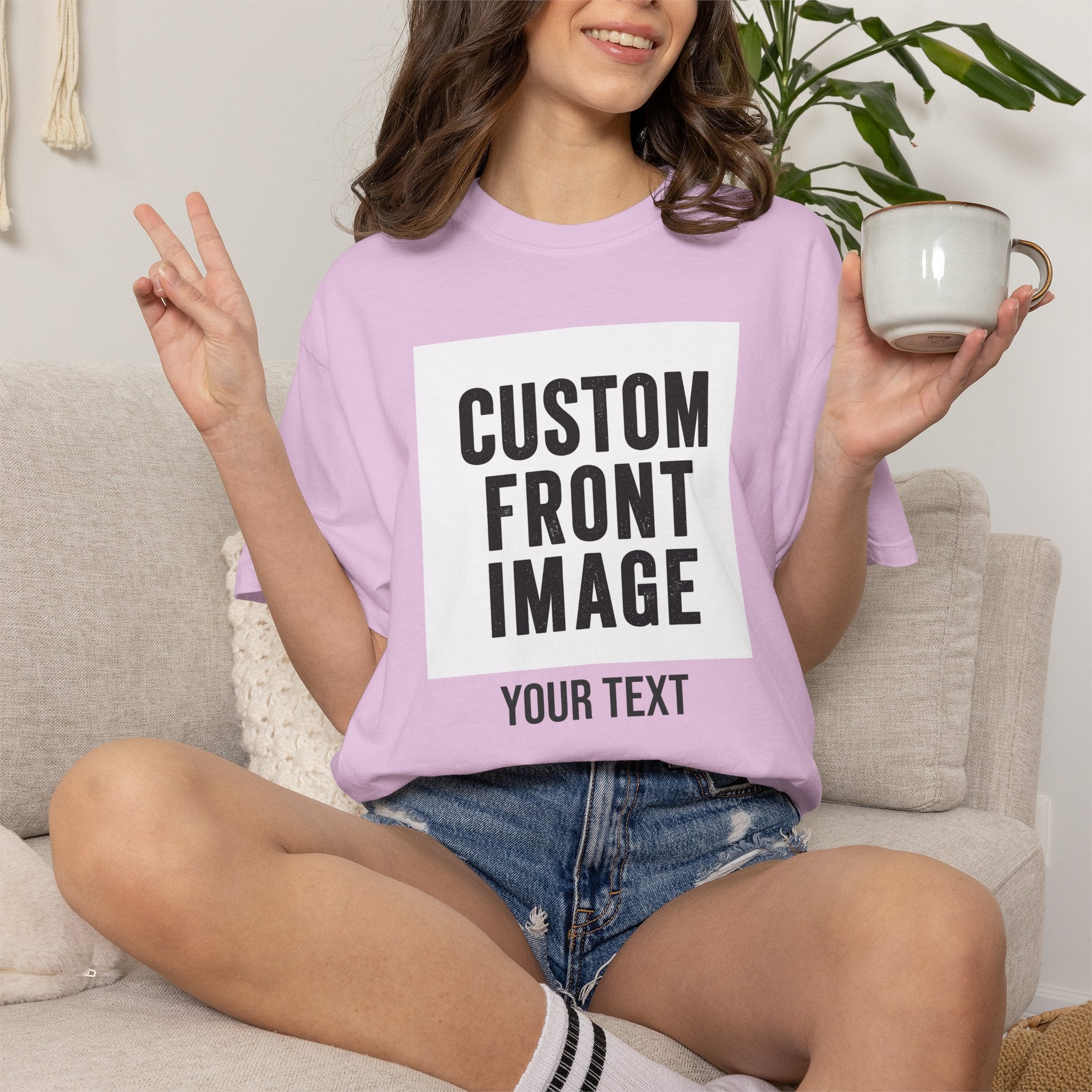 Custom Front Square Print T-Shirt — Personalized Text Bottom & Image Tee