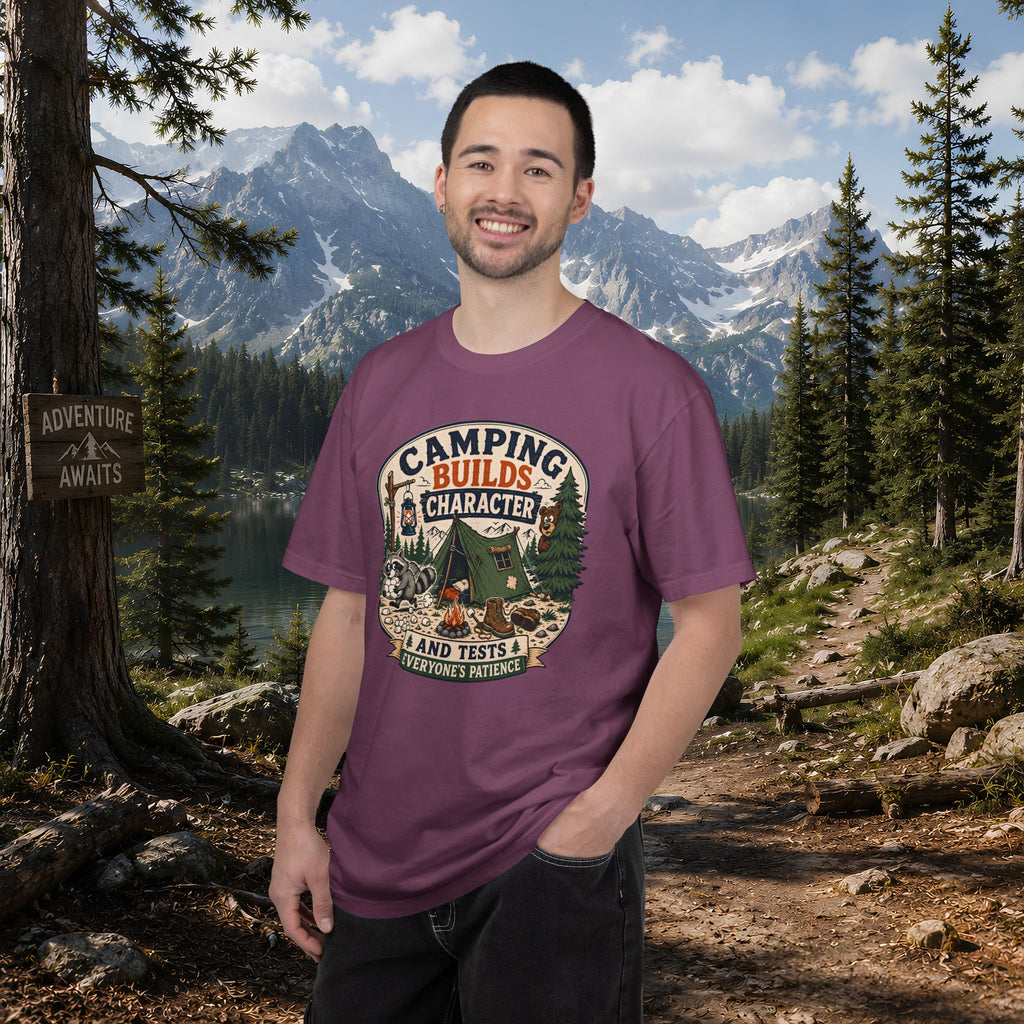 Camping Builds Character T-Shirt — Vintage Tent, Forest & Campfire Outdoor Tee