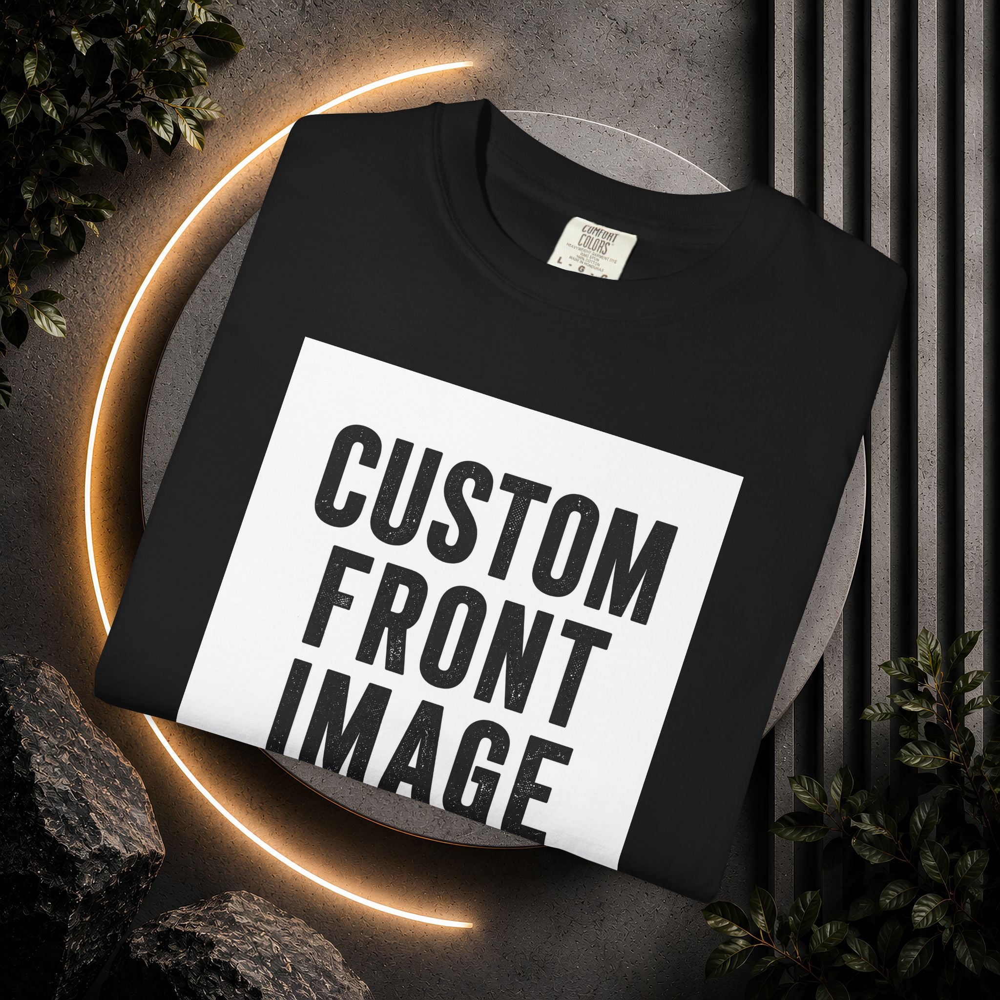 Custom Front Square Print T-Shirt — Personalized Text Bottom & Image Tee