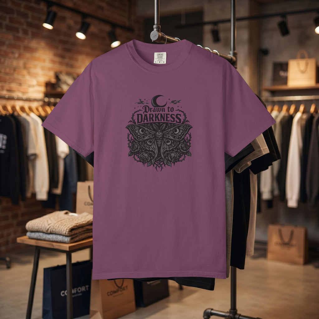 Dark Aesthetic T-Shirt — "Drawn to Darkness" Gothic Moon Graphic Tee