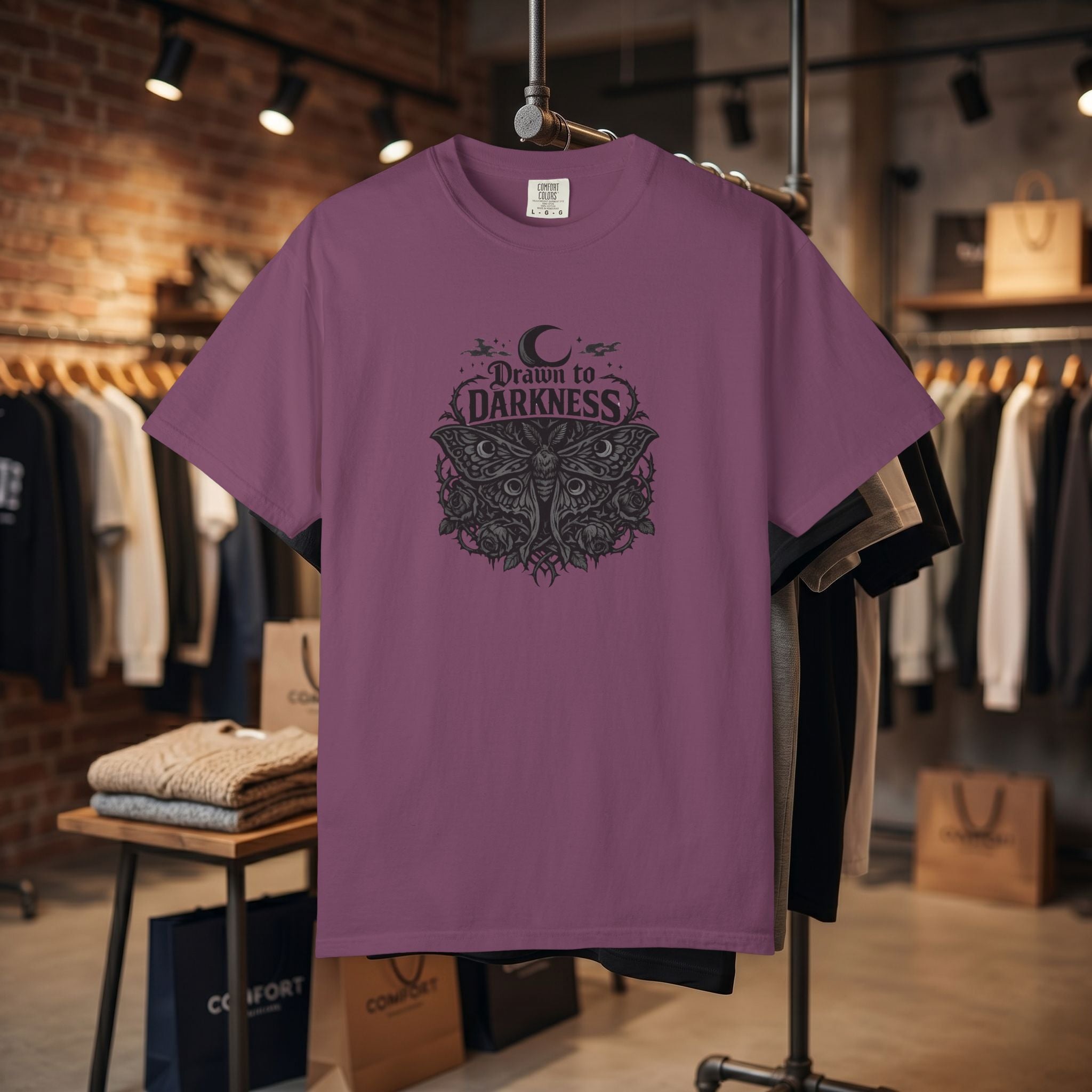 Dark Aesthetic T-Shirt — "Drawn to Darkness" Gothic Moon Graphic Tee