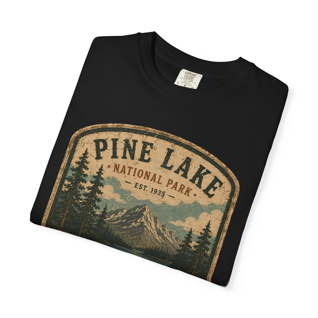 Pine Lake National Park Badge T-Shirt | Mountain Lake Forest Graphic