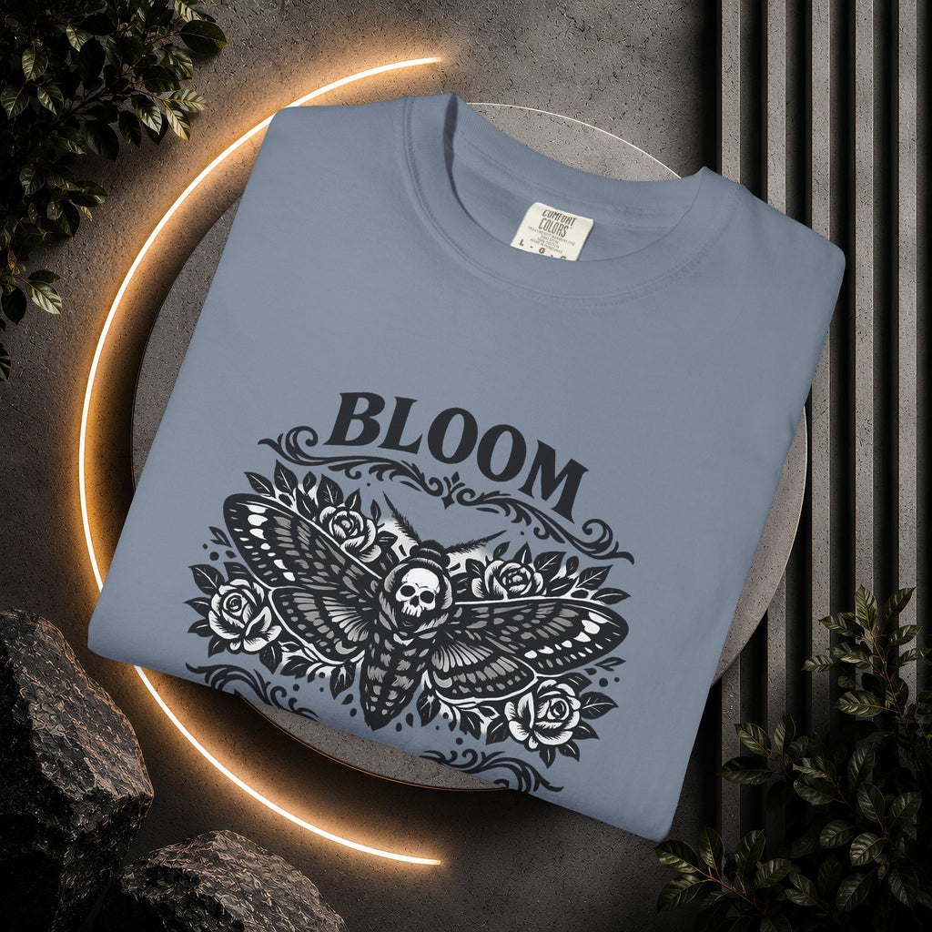 Bloom in the Shadows T-Shirt — Gothic Floral Skull Tee