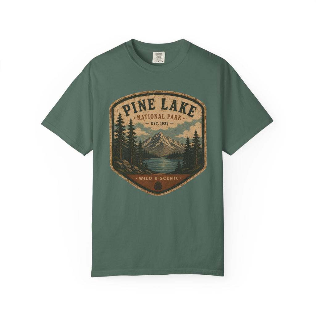 Pine Lake National Park Badge T-Shirt | Mountain Lake Forest Graphic