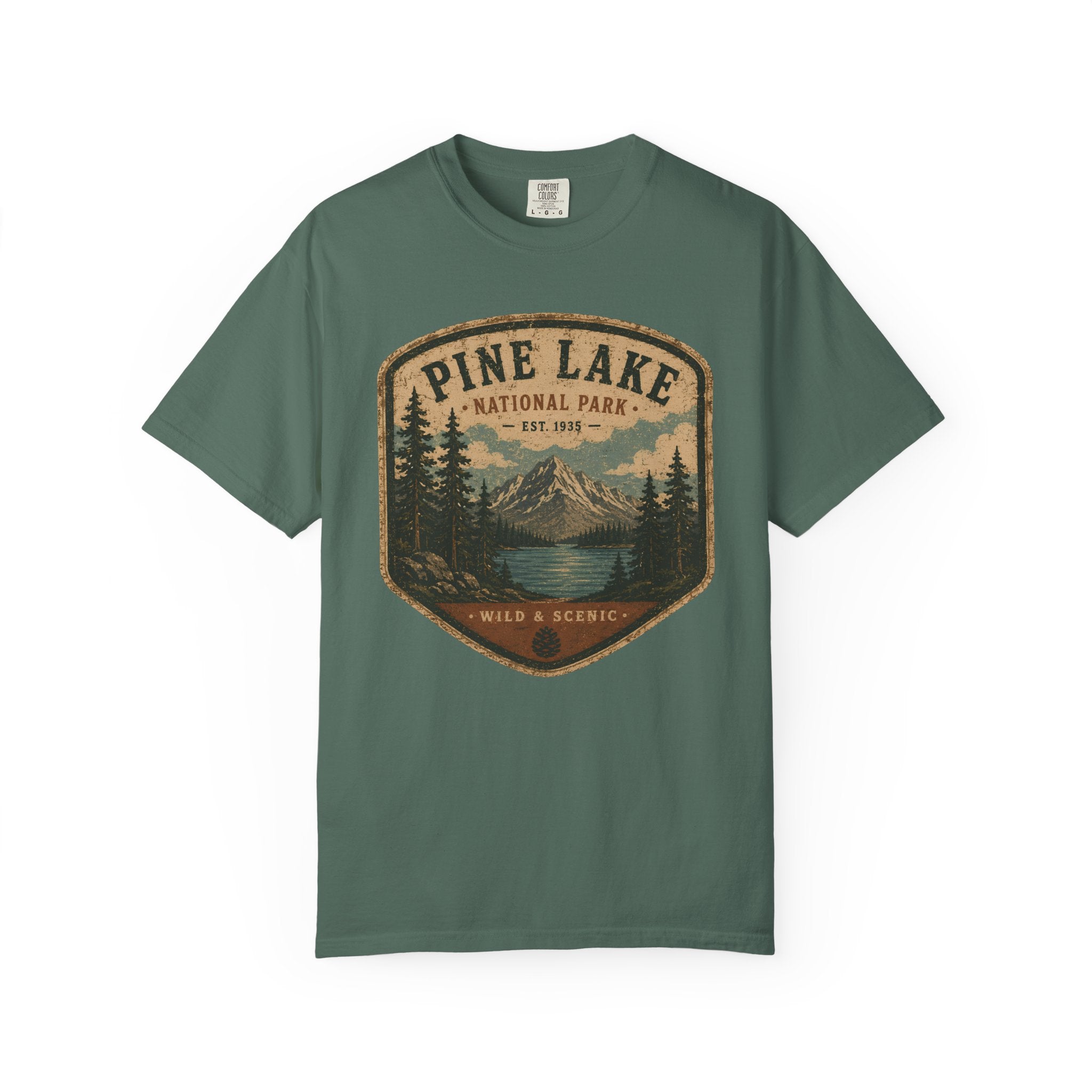 Pine Lake National Park Badge T-Shirt | Mountain Lake Forest Graphic