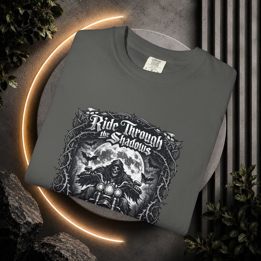 Ride Through Shadows T-Shirt — Gothic Skull Motorcycle Graphic Tee