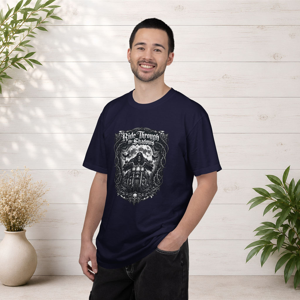 Ride Through Shadows T-Shirt — Gothic Skull Motorcycle Graphic Tee