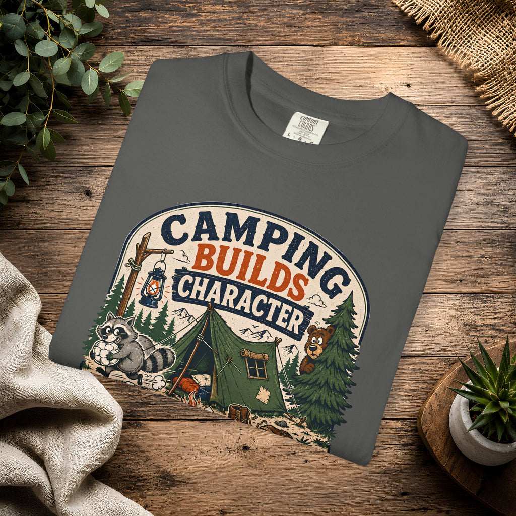 Camping Builds Character T-Shirt — Vintage Tent, Forest & Campfire Outdoor Tee