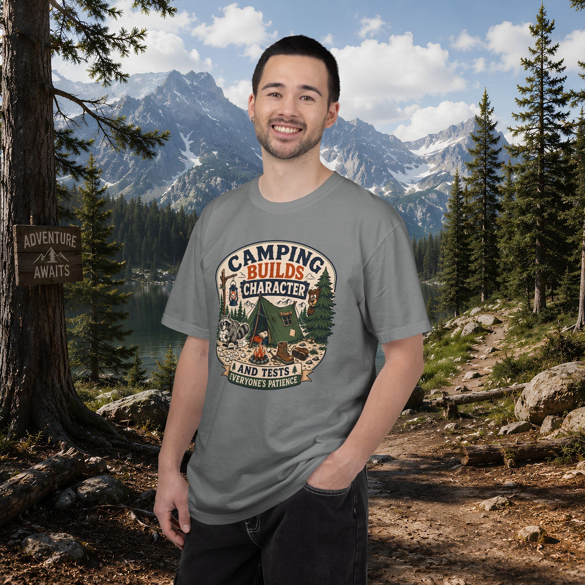 Camping Builds Character T-Shirt — Vintage Tent, Forest & Campfire Outdoor Tee