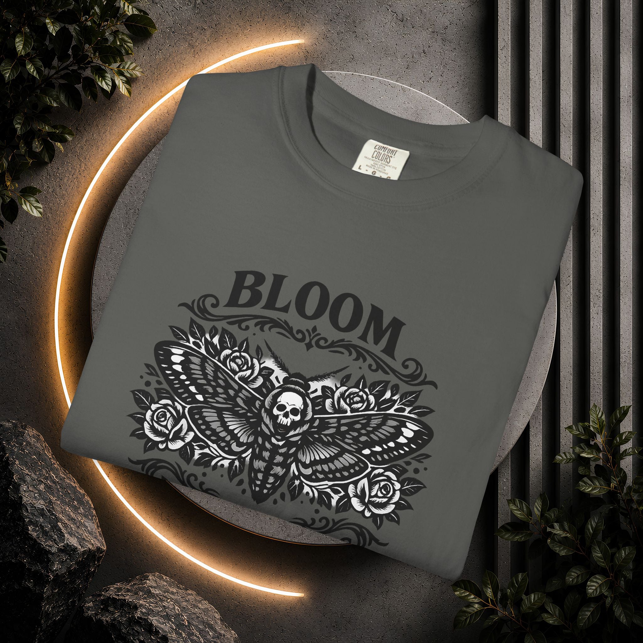 Bloom in the Shadows T-Shirt — Gothic Floral Skull Tee
