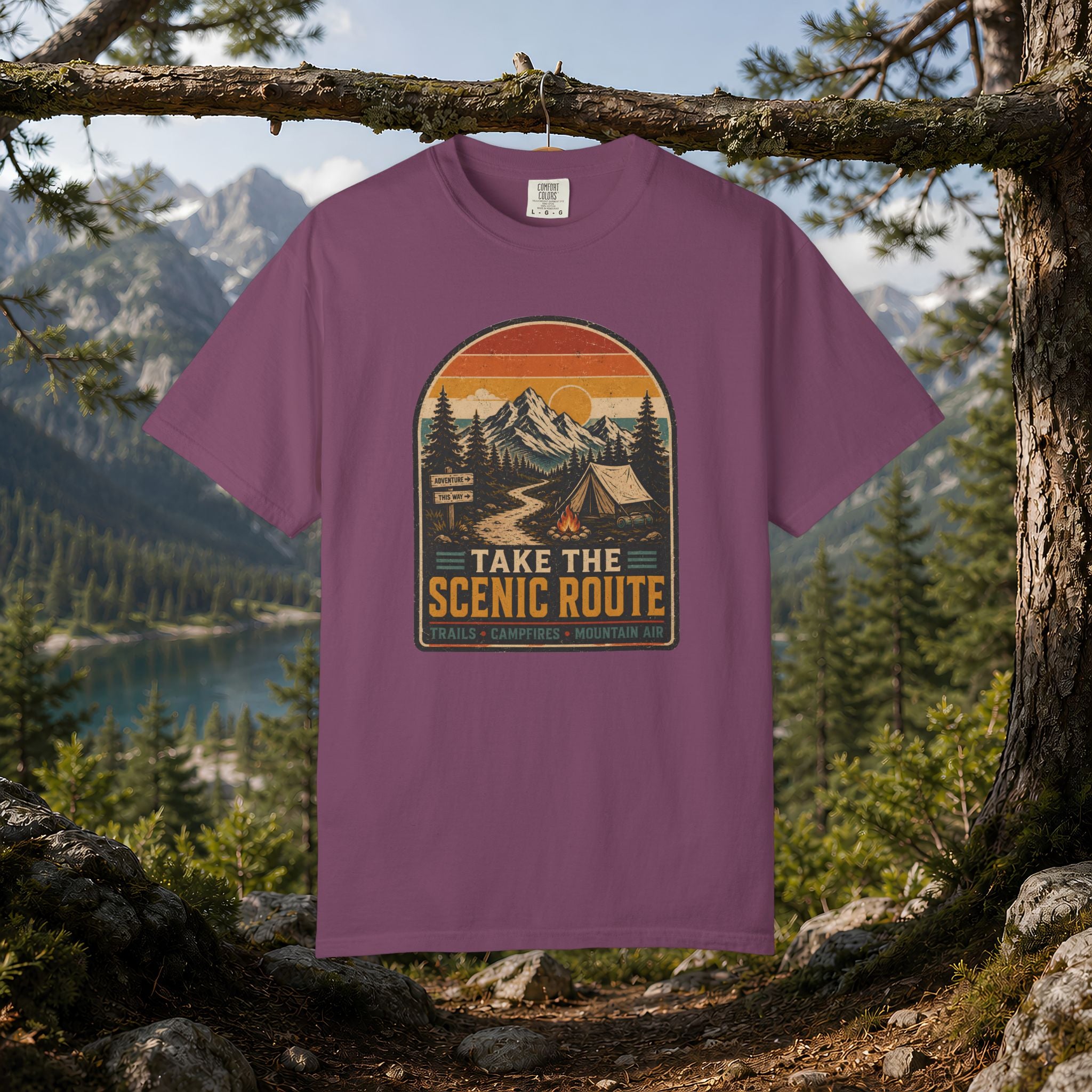 Scenic Route Camping T-Shirt — Retro Mountains & Tent Outdoor Tee