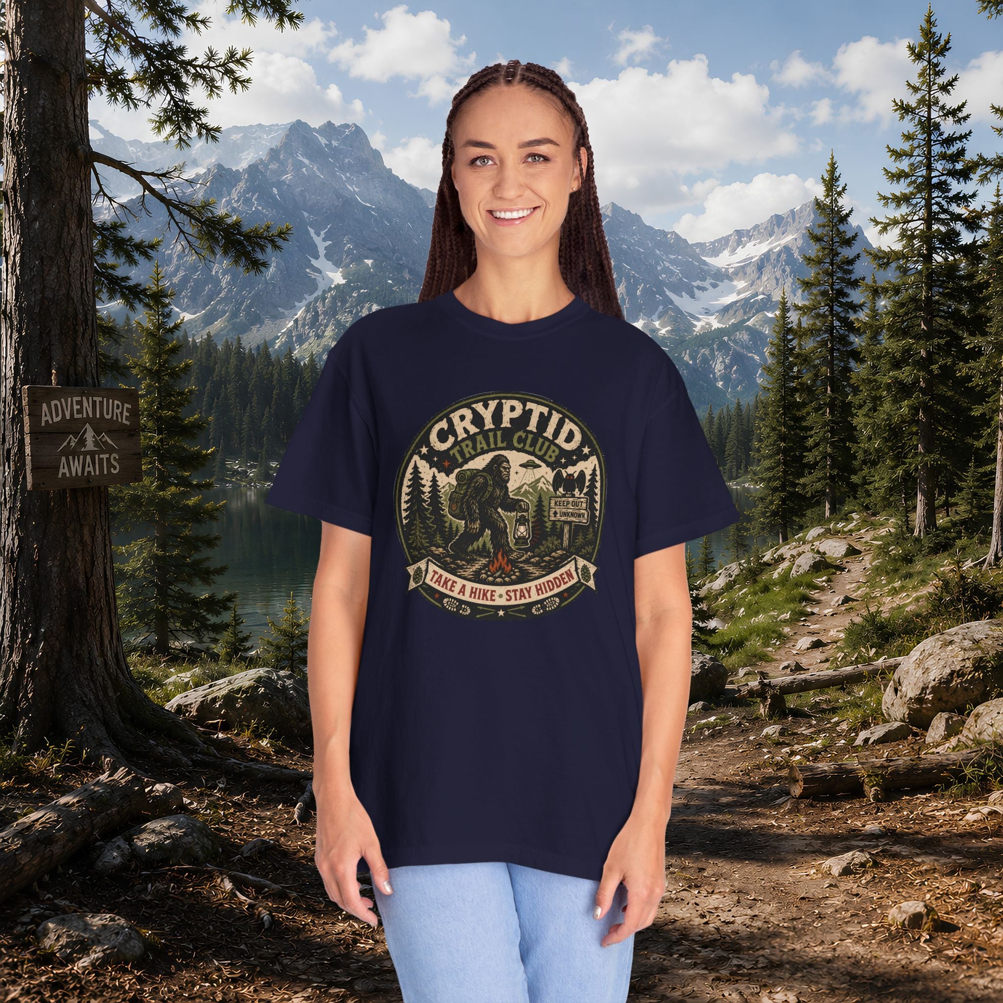 Cryptid Trail Club T-Shirt — "Take a Hike, Stay Hidden" Outdoor Sasquatch Tee