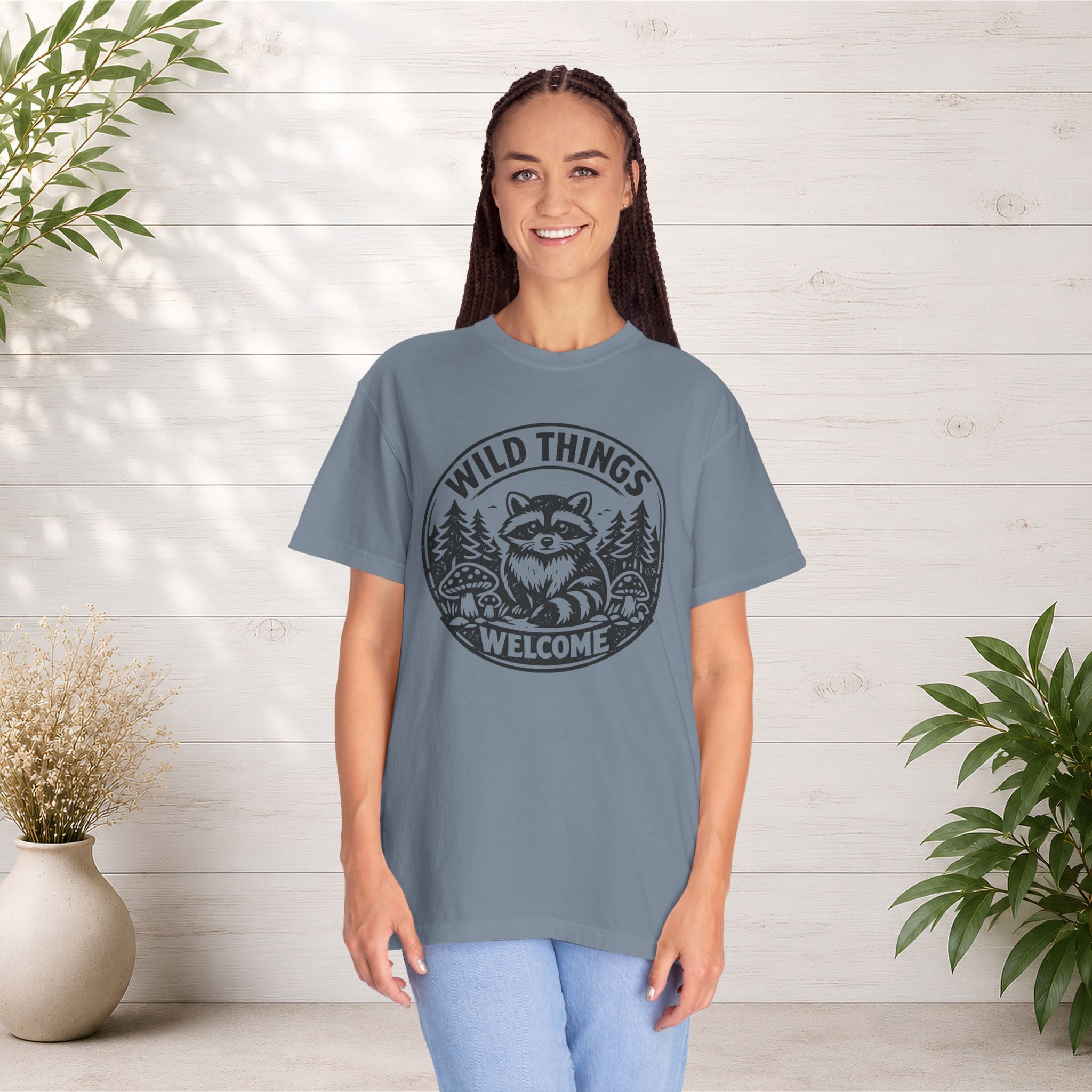 “Wild Things Welcome” Raccoon Forest Graphic T-Shirt