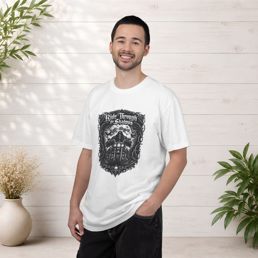 Ride Through Shadows T-Shirt — Gothic Skull Motorcycle Graphic Tee