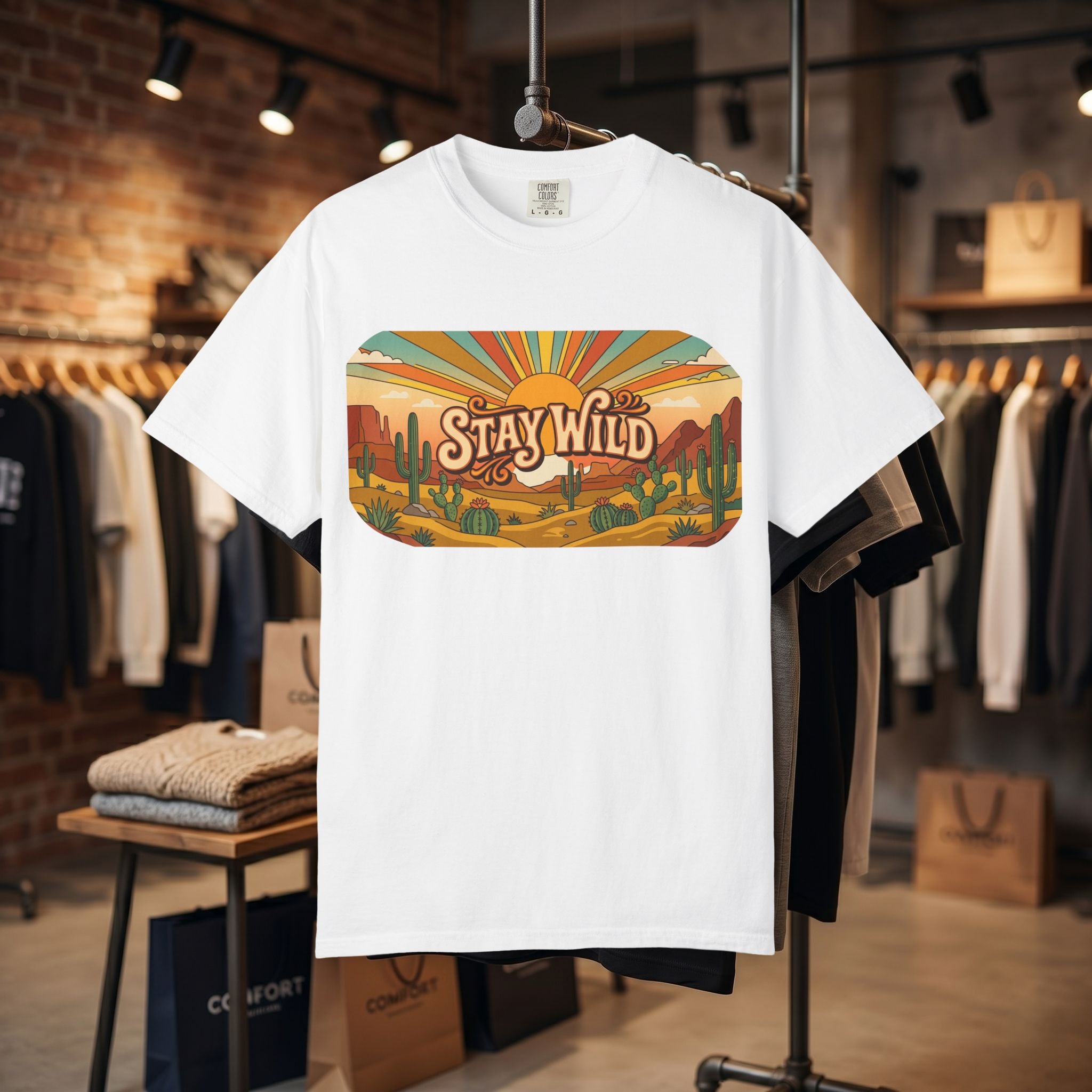 Stay Wild Desert Sunset T-shirt | Retro Cactus Landscape