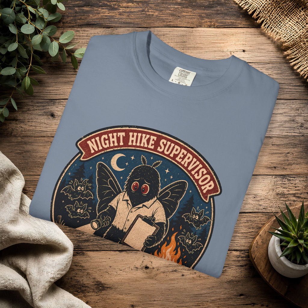 Night Hike Supervisor Mothman T‑Shirt — Camp Cryptid Retro Outdoor Badge