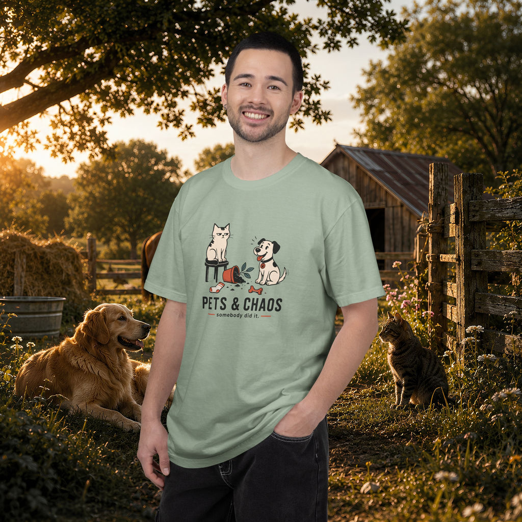 Pets & Chaos Graphic T-Shirt — Funny Cat and Dog Design