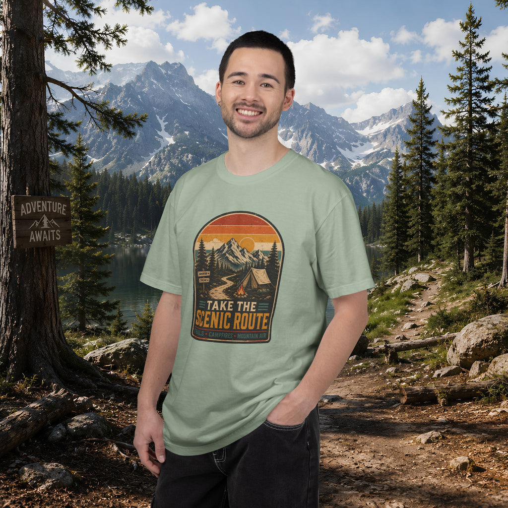 Scenic Route Camping T-Shirt — Retro Mountains & Tent Outdoor Tee