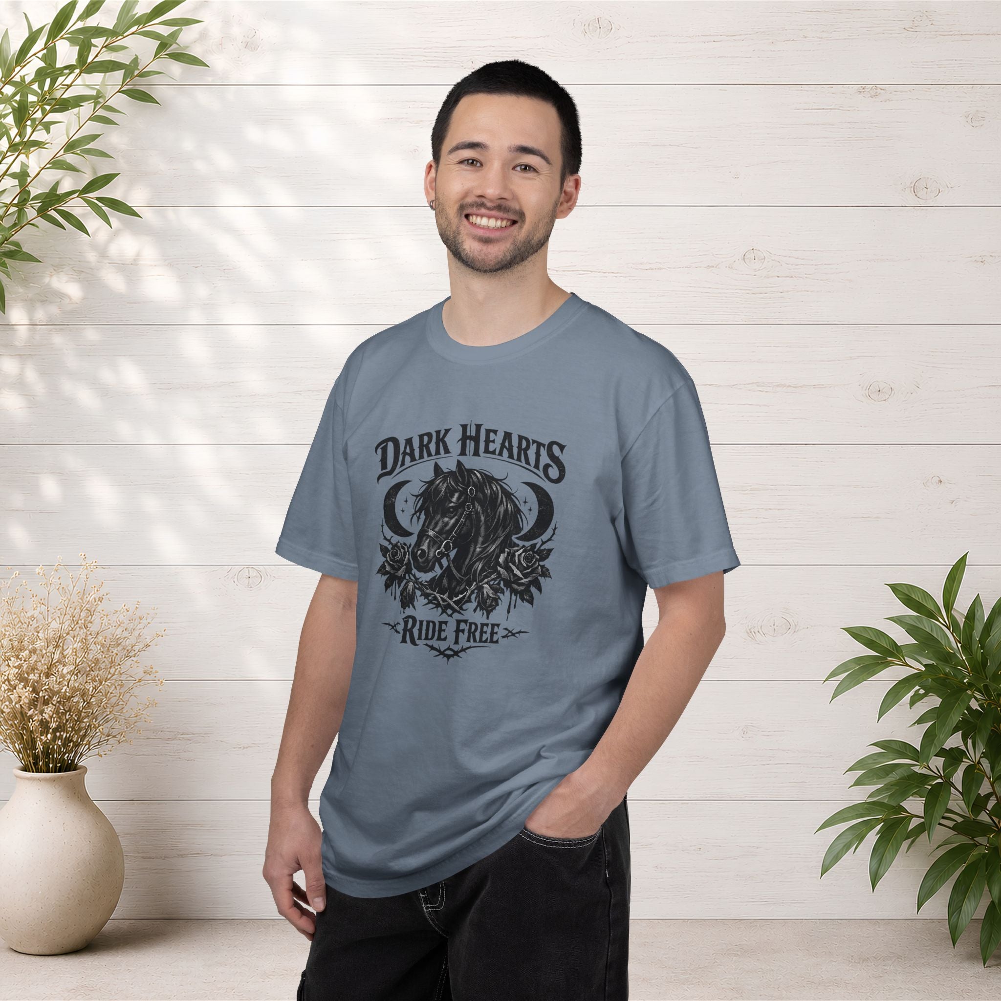 Dark Hearts Ride Free T-Shirt — Gothic Horse Rider Graphic Tee