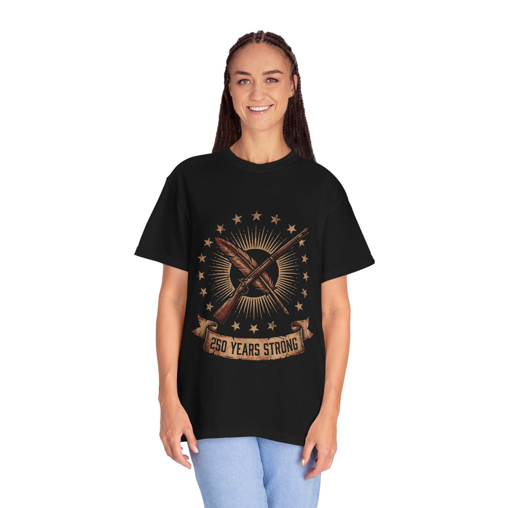 250 Years Strong flag rifle crest T-shirt | patriotic American heritage