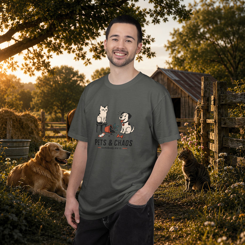 Pets & Chaos Graphic T-Shirt — Funny Cat and Dog Design