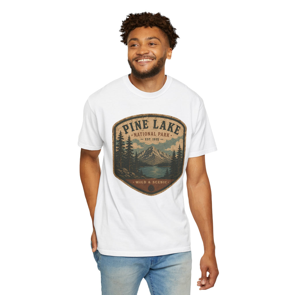 Pine Lake National Park Badge T-Shirt | Mountain Lake Forest Graphic