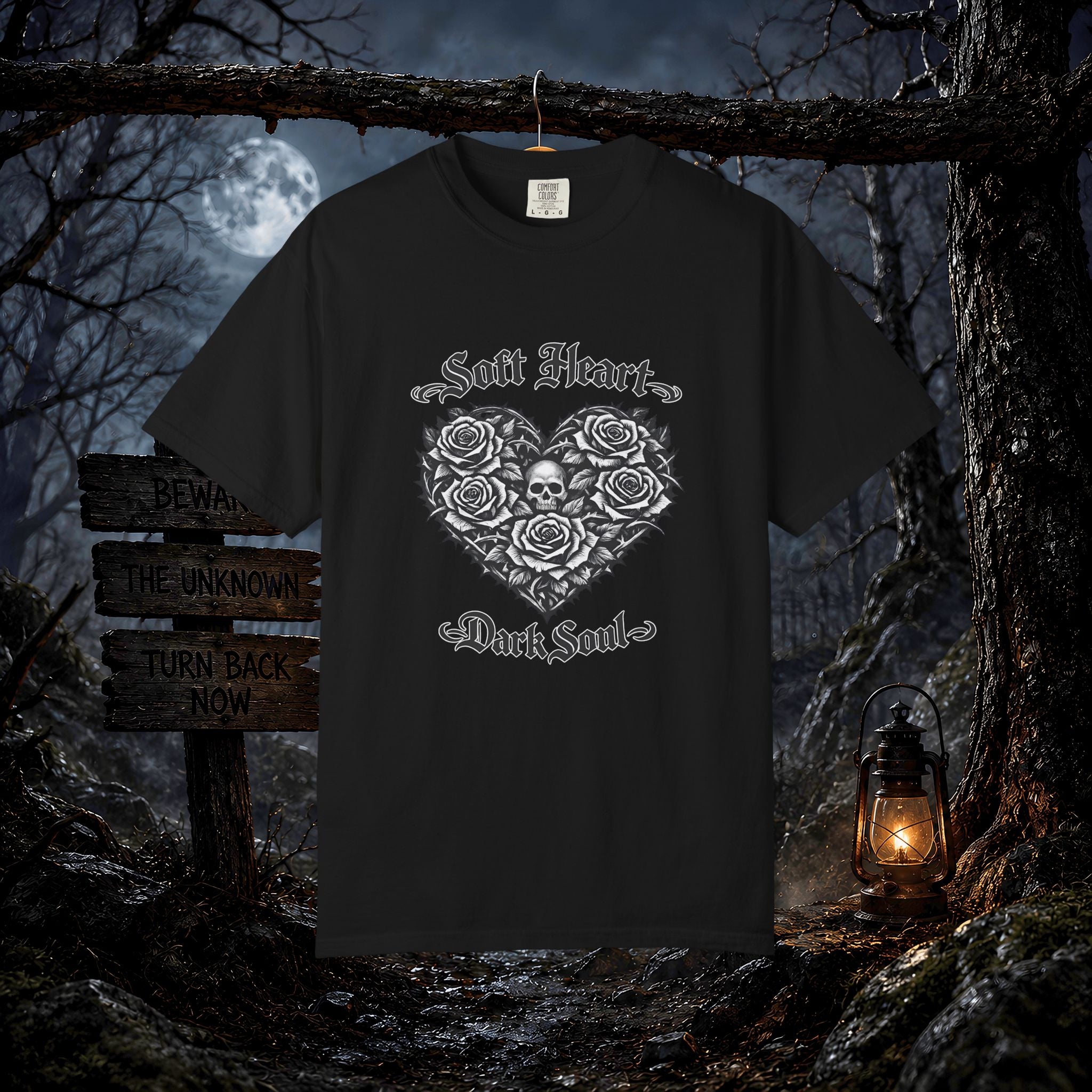 Soft Heart Dark Soul T-Shirt — Gothic Rose Skull Graphic Tee