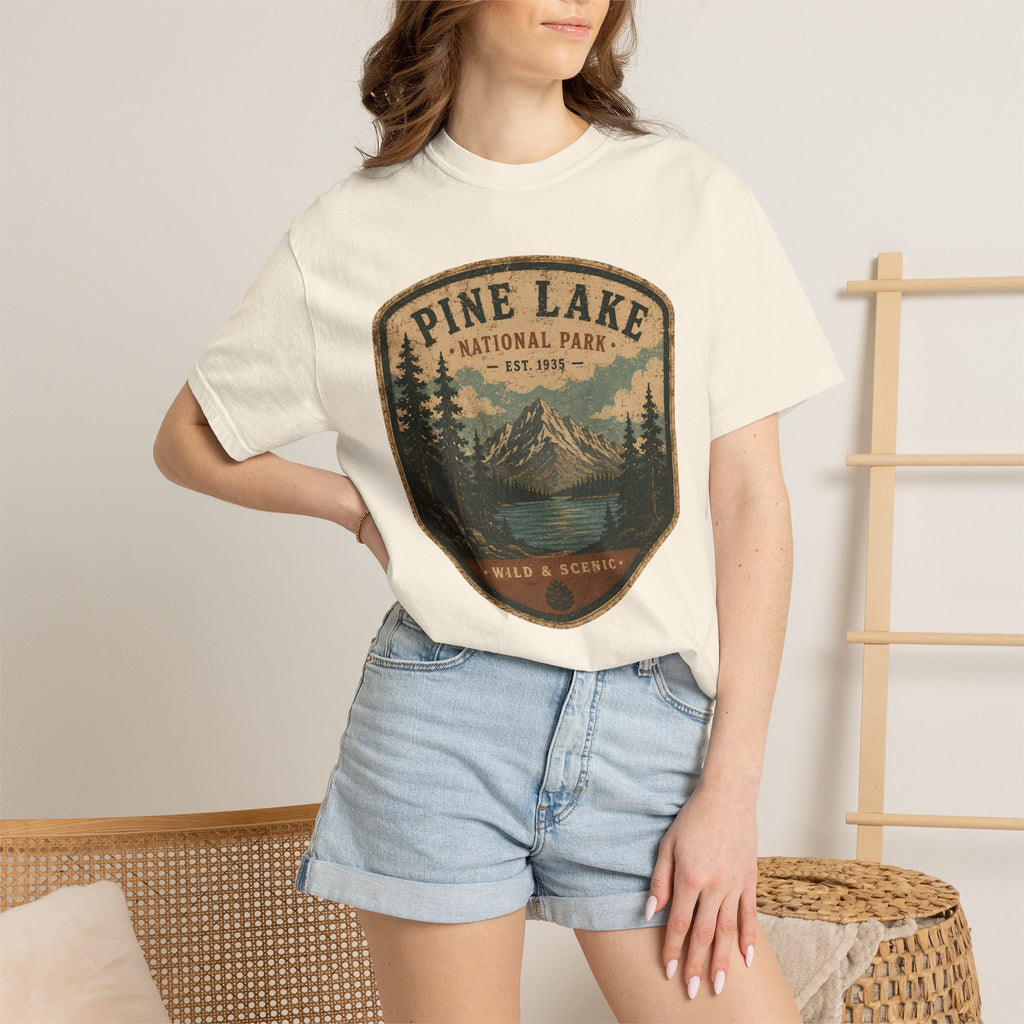 Pine Lake National Park Badge T-Shirt | Mountain Lake Forest Graphic