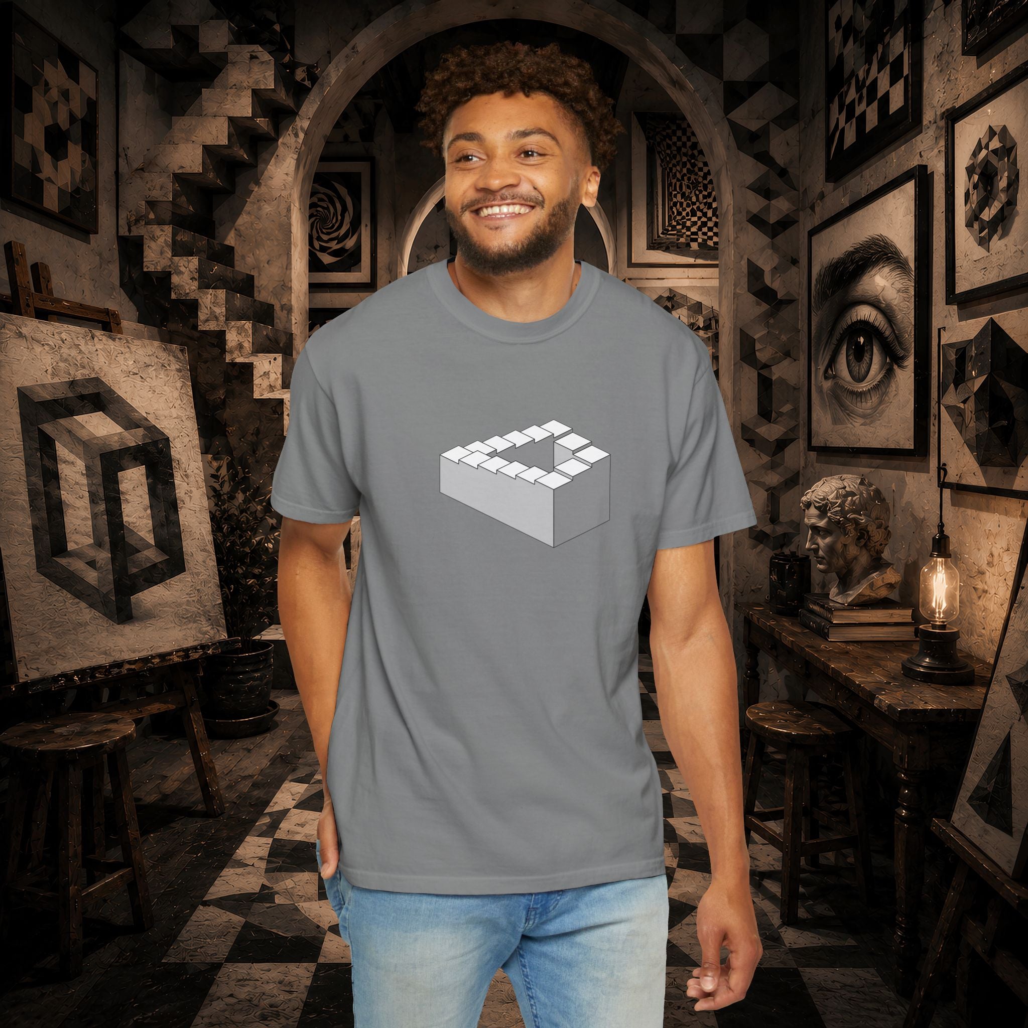 Optical Illusion Staircase Tee — Impossible Step Graphic T-Shirt