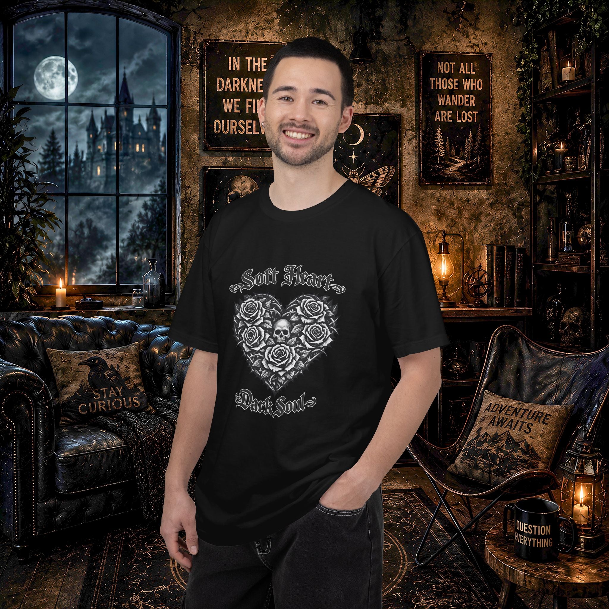 Soft Heart Dark Soul T-Shirt — Gothic Rose Skull Graphic Tee