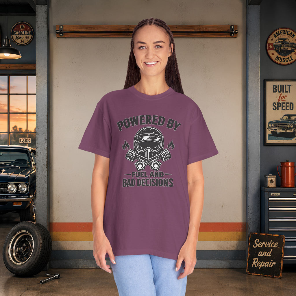 Powered By Fuel And Bad Decisions T-Shirt — Motorcycle Helmet Graphic Tee