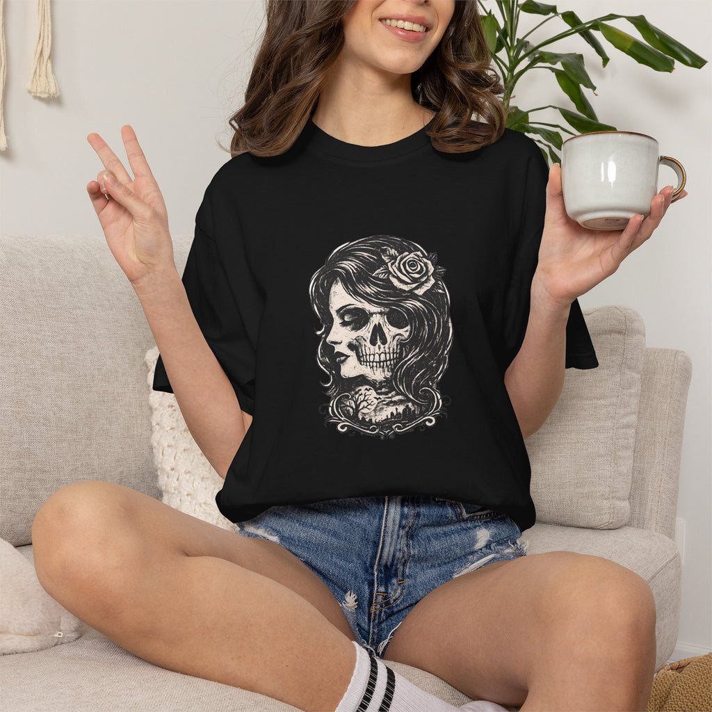 Skull Lady Rose T-Shirt — Vintage Day of the Dead Portrait Tee