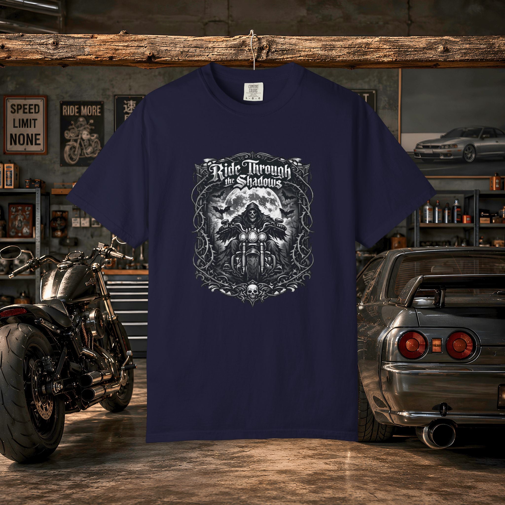 Ride Through Shadows T-Shirt — Gothic Skull Motorcycle Graphic Tee