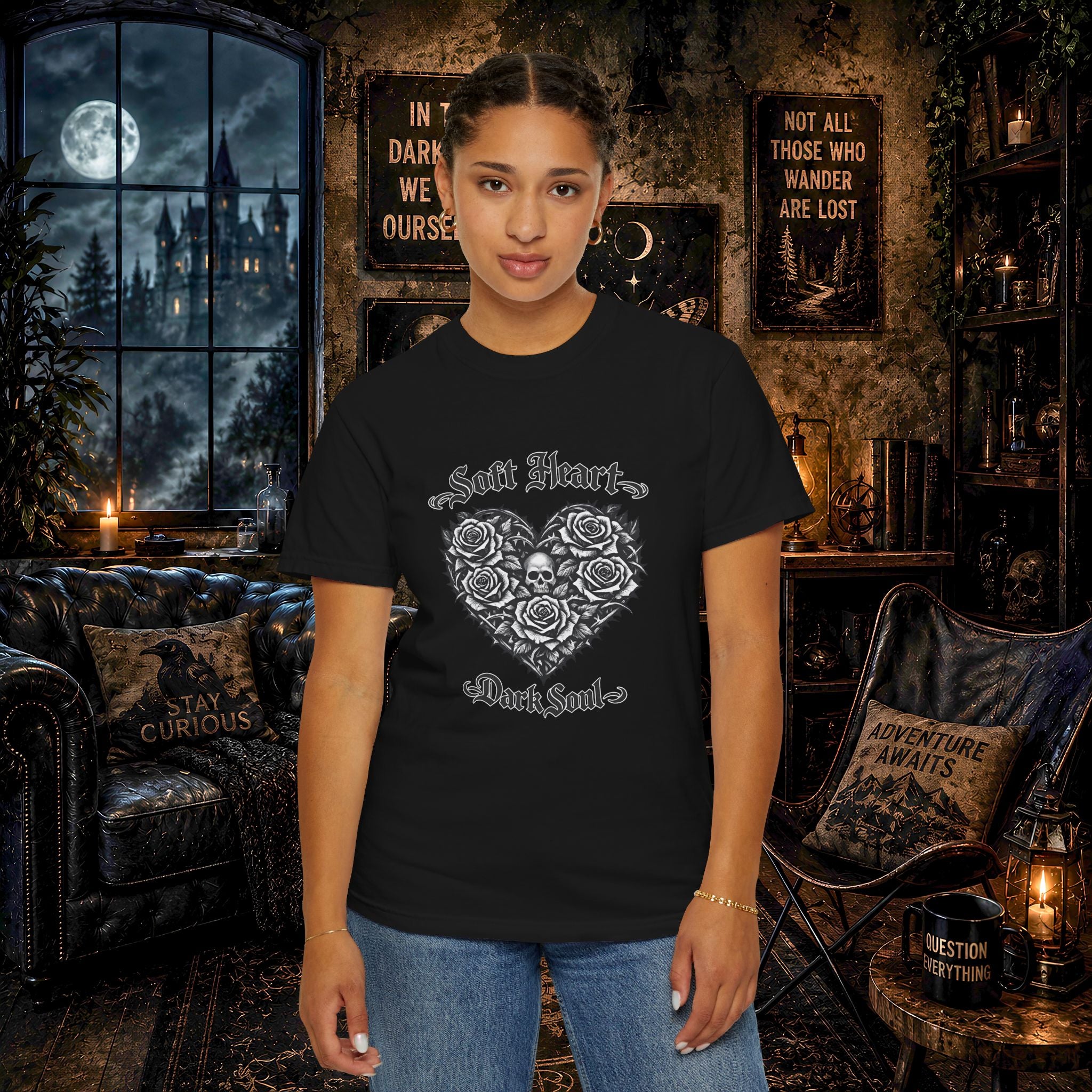 Soft Heart Dark Soul T-Shirt — Gothic Rose Skull Graphic Tee