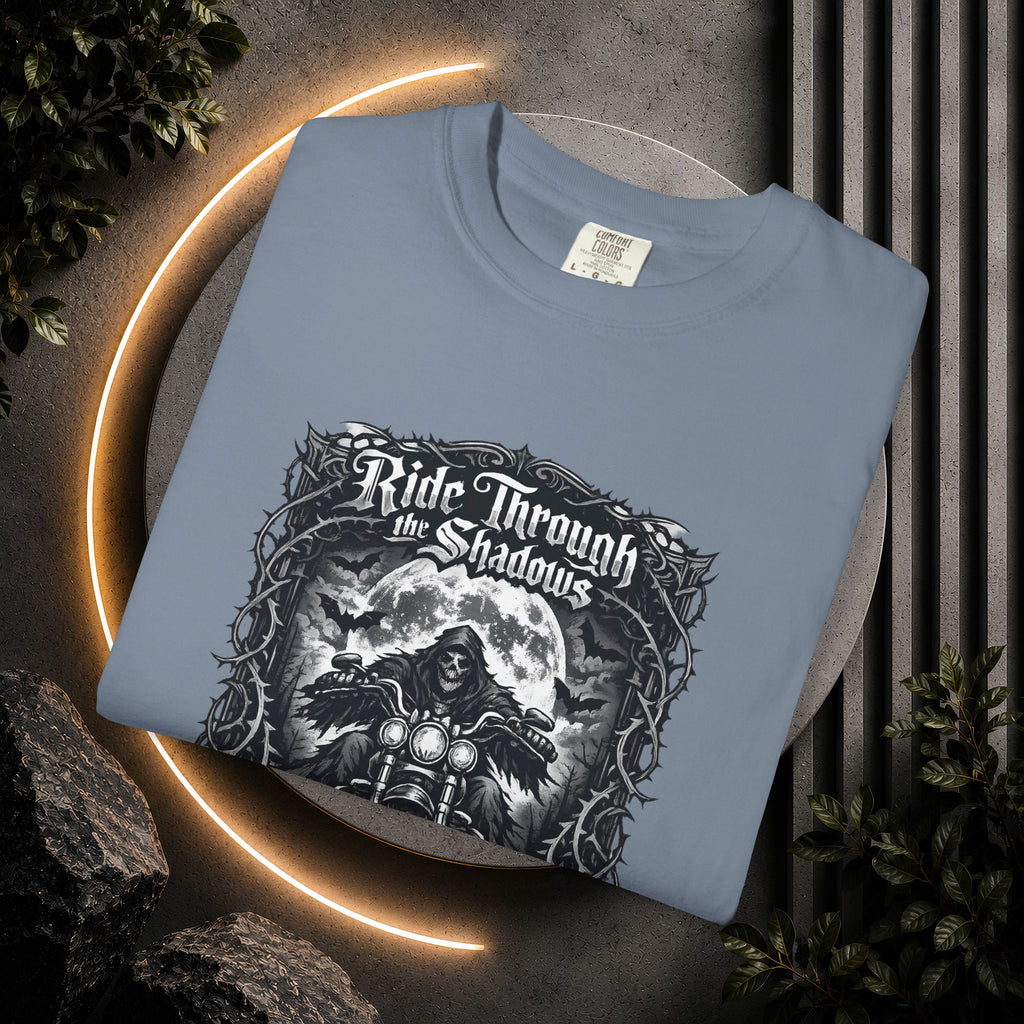 Ride Through Shadows T-Shirt — Gothic Skull Motorcycle Graphic Tee