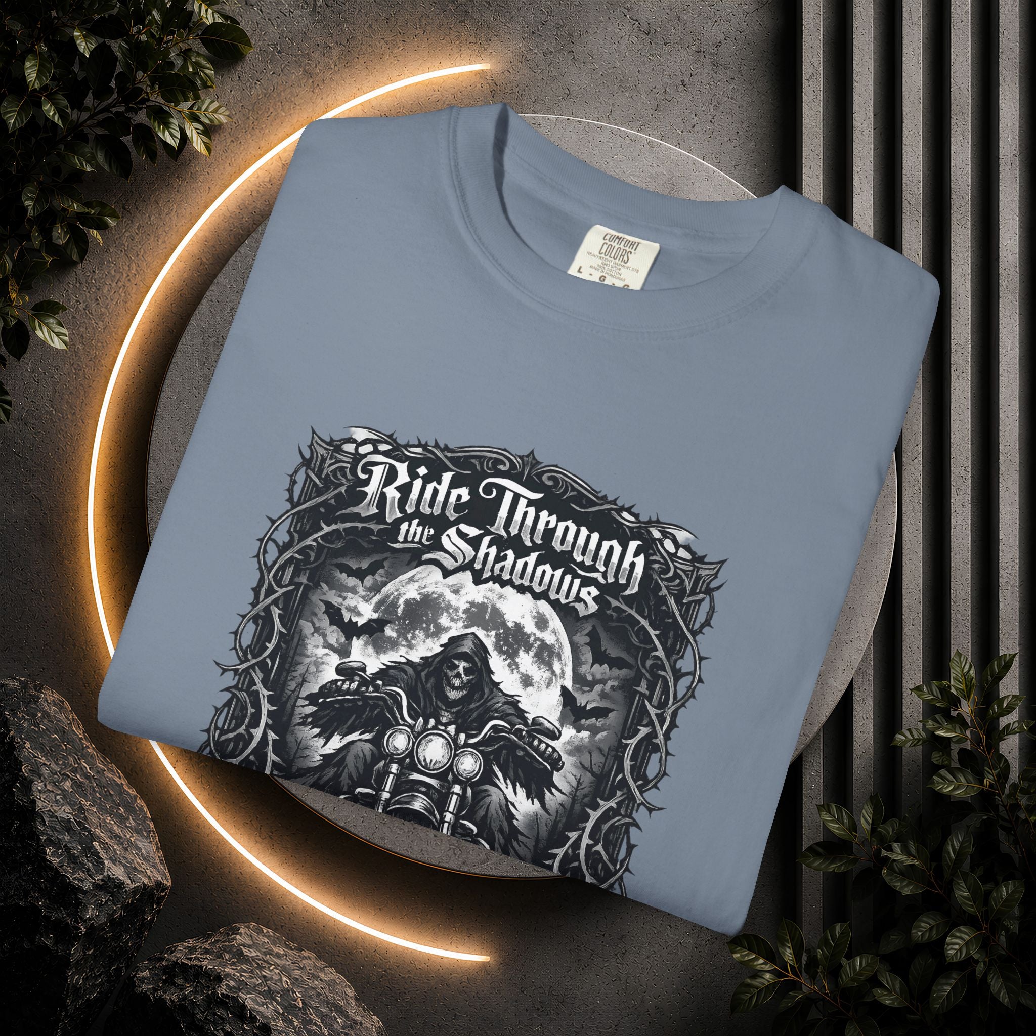 Ride Through Shadows T-Shirt — Gothic Skull Motorcycle Graphic Tee