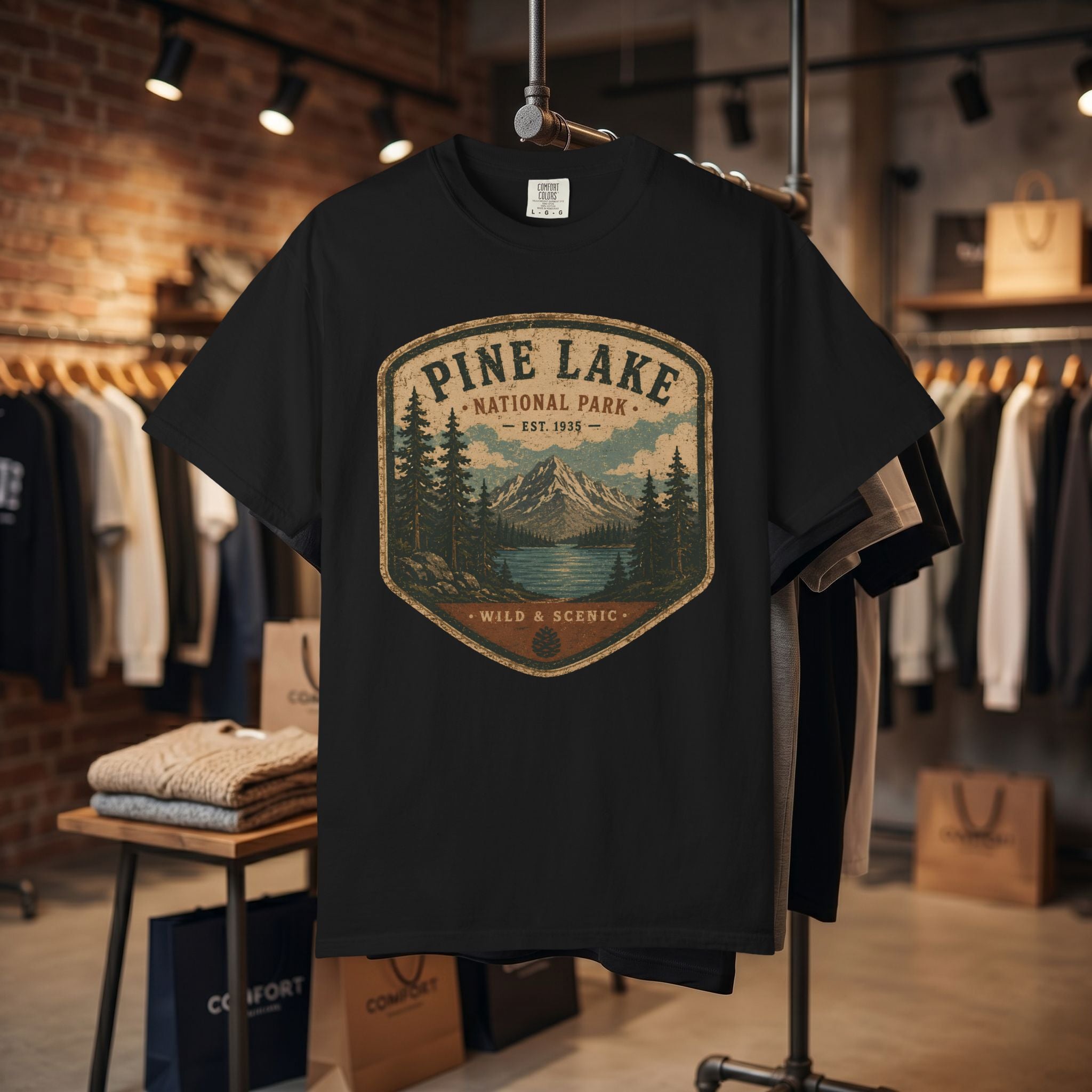 Pine Lake National Park Badge T-Shirt | Mountain Lake Forest Graphic