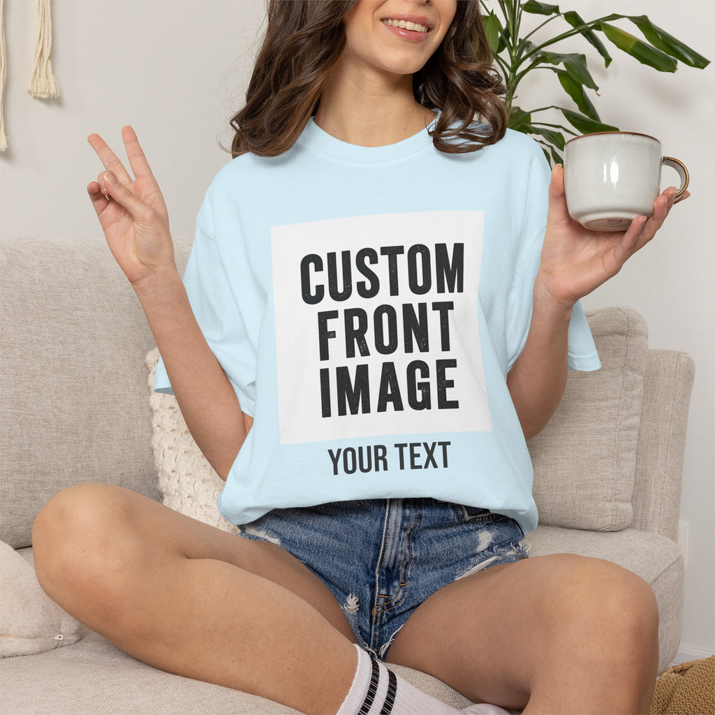 Custom Front Square Print T-Shirt — Personalized Text Bottom & Image Tee