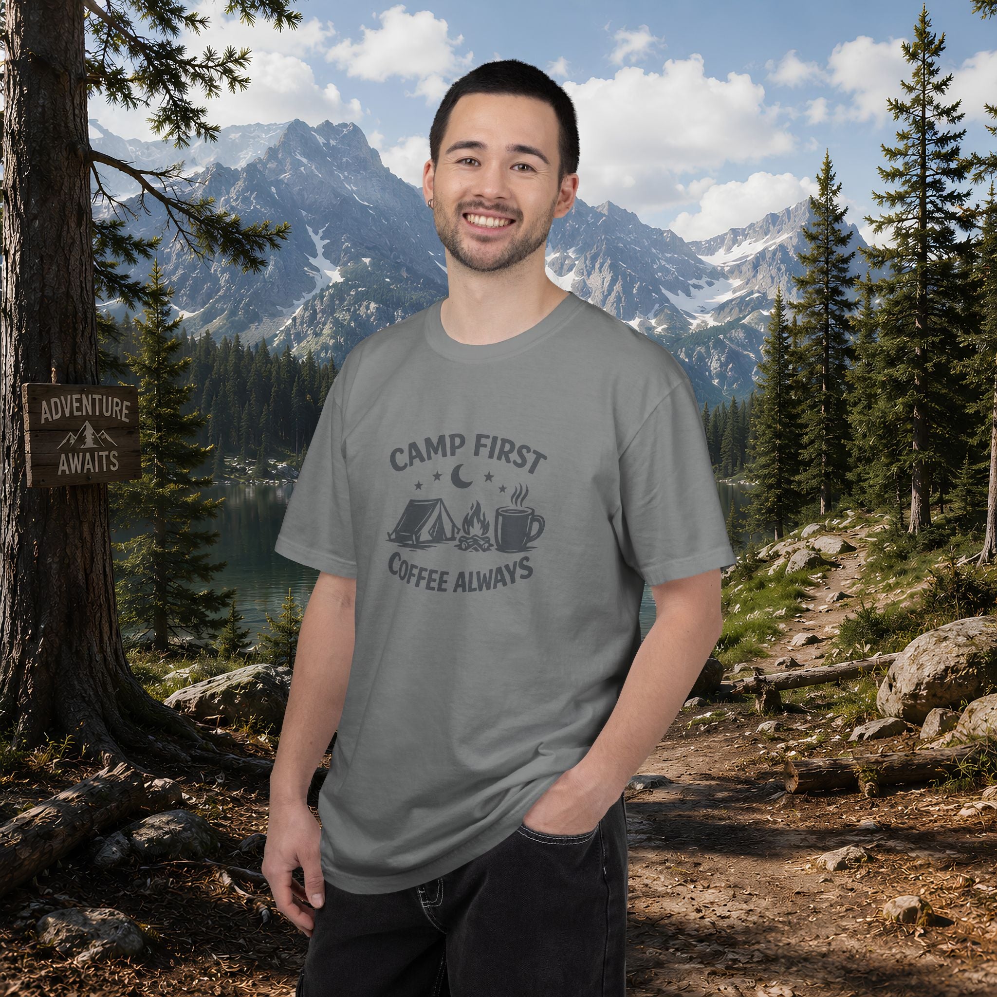 Camping T-Shirt — “Camp First, Coffee Always” Adventure Tee