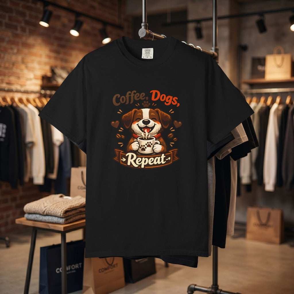 "Coffee, Dogs, Repeat" Cute Dog & Coffee Graphic T-Shirt