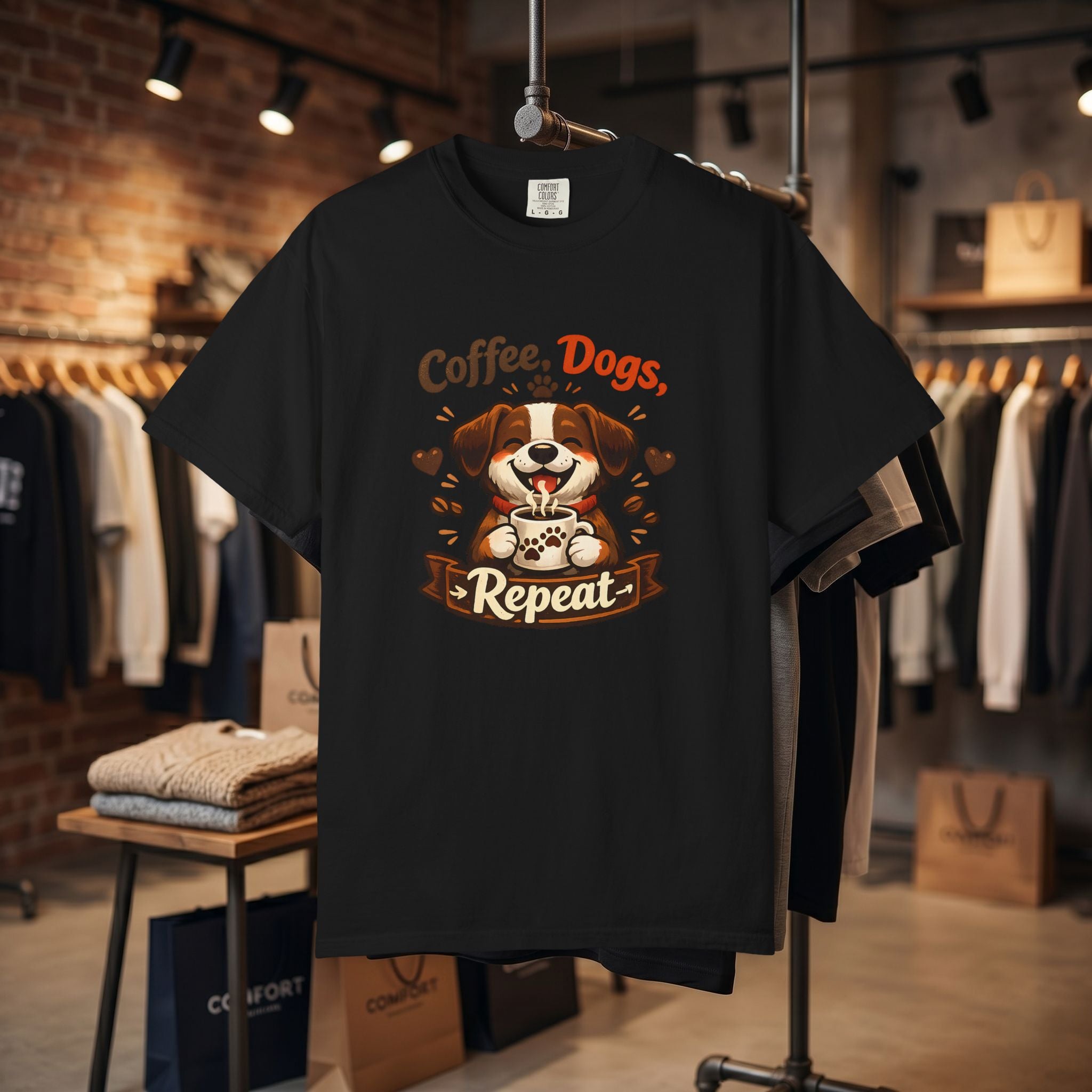"Coffee, Dogs, Repeat" Cute Dog & Coffee Graphic T-Shirt