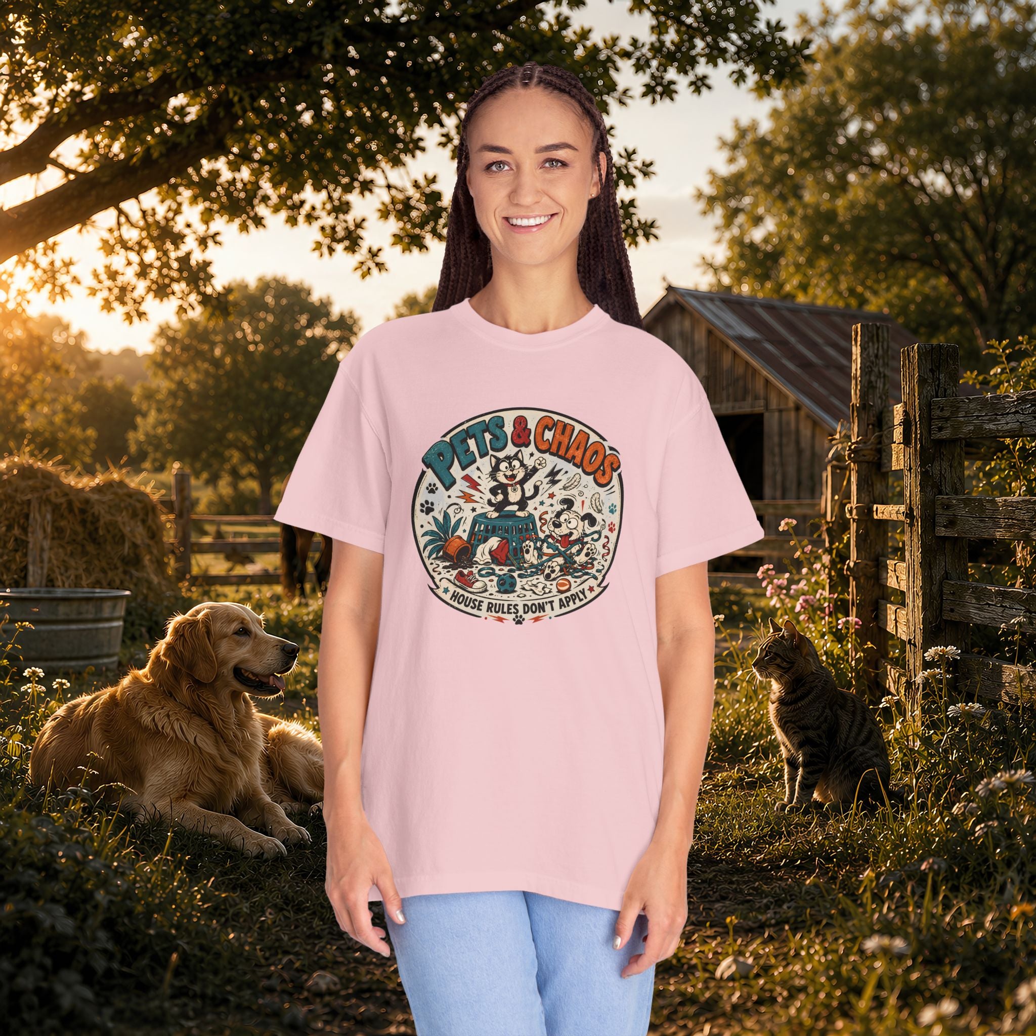 Pets & Chaos Graphic T-Shirt — "House Rules Don't Apply" Vintage Pet Lover Tee