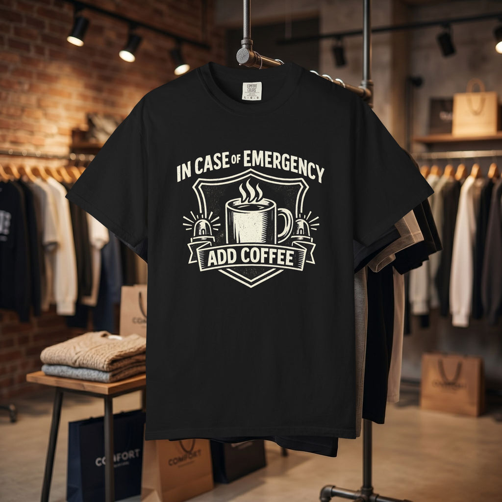 Coffee Emergency T-Shirt — "In Case of Emergency Add Coffee" Graphic Tee