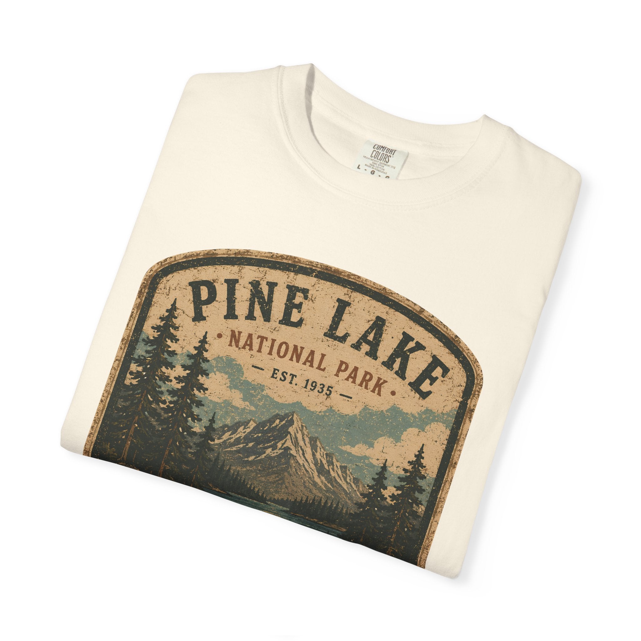 Pine Lake National Park Badge T-Shirt | Mountain Lake Forest Graphic