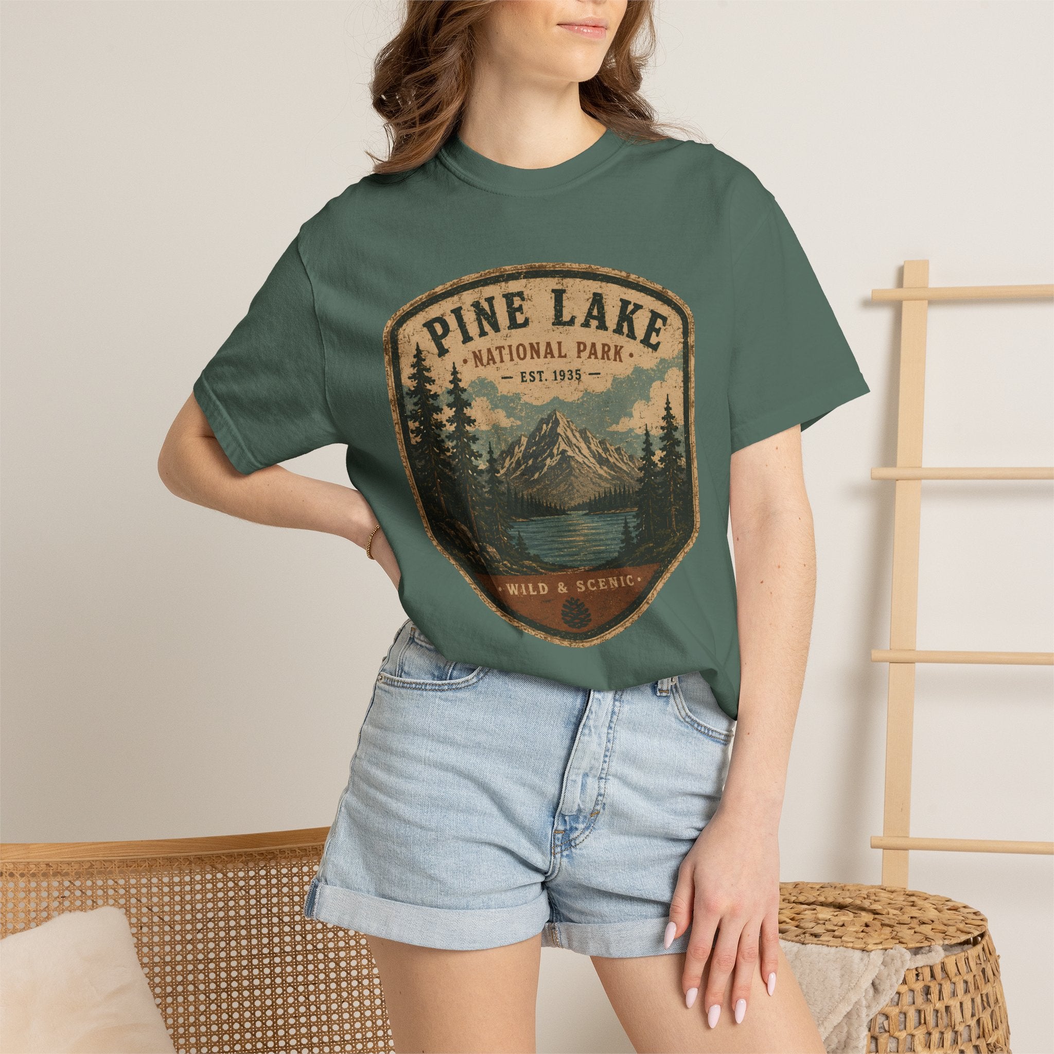 Pine Lake National Park Badge T-Shirt | Mountain Lake Forest Graphic