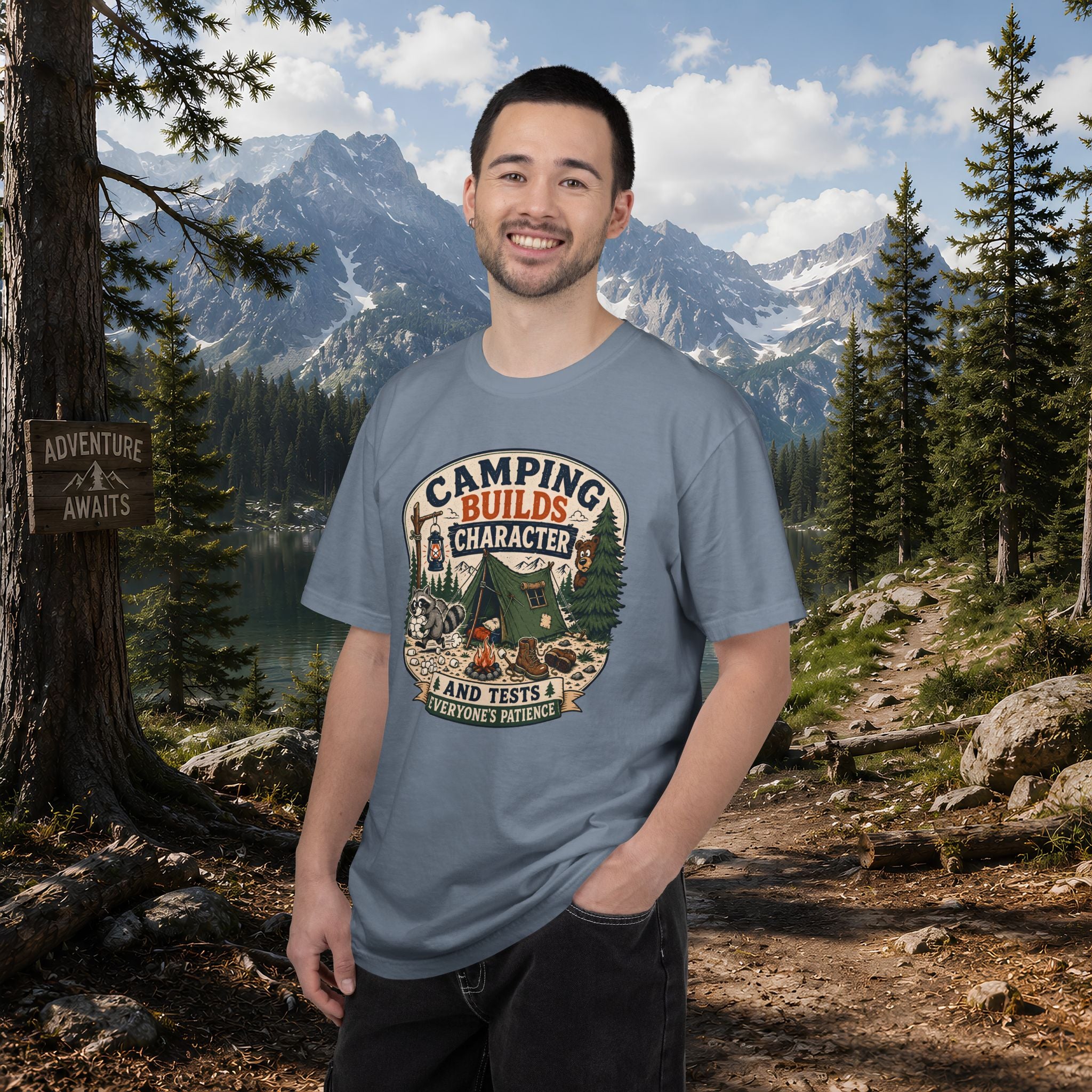 Camping Builds Character T-Shirt — Vintage Tent, Forest & Campfire Outdoor Tee